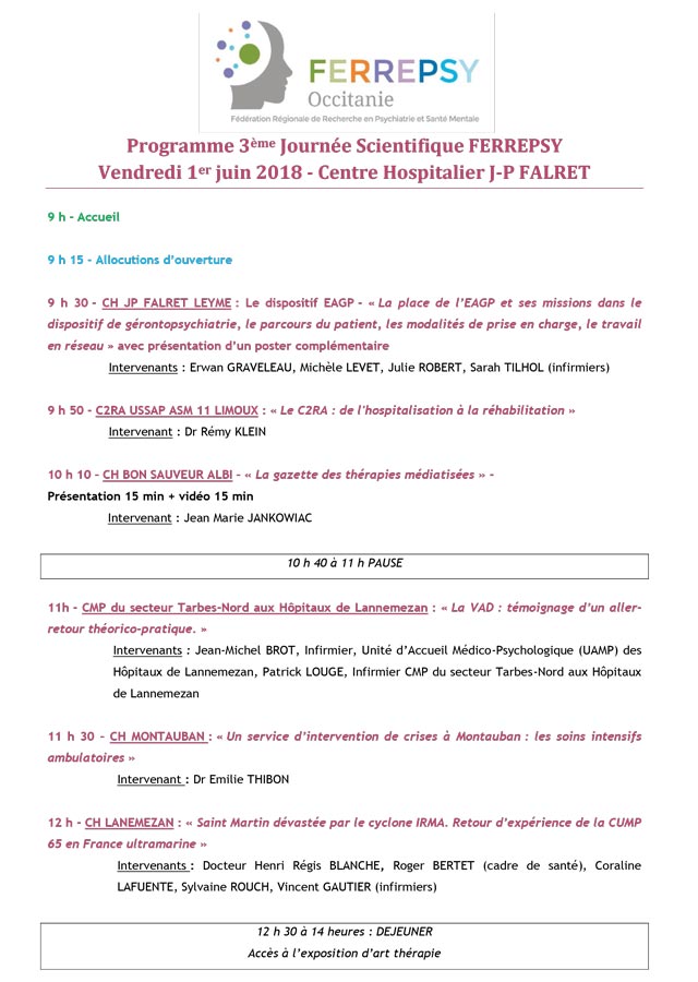 Journée scientifique de la Ferrepsy 2018 (programme) | © FERREPSY Occitanie