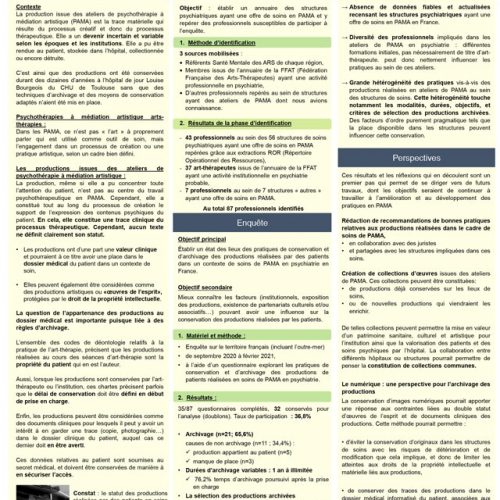 POSTER État des lieux des pratiques d’archivage et de conservation des productions issues d’ateliers de psychothérapie à médiation artistique en psychiatrie : une enquête nationale