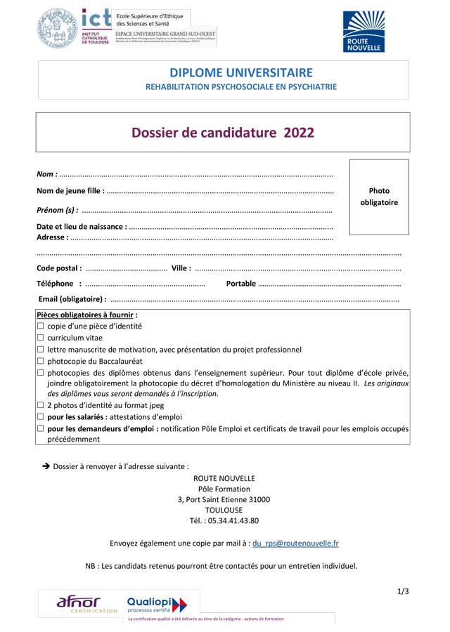 D.U. Réhabilitation psychosociale en psychiatrie (candidature) D.U. Réhabilitation psychosociale en psychiatrie (candidature)