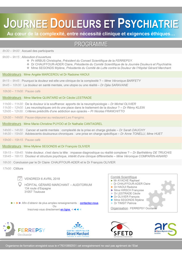 Journée Douleurs et Psychiatrie (programme) | © FERREPSY Occitanie Journée Douleurs et Psychiatrie (programme) | © FERREPSY Occitanie