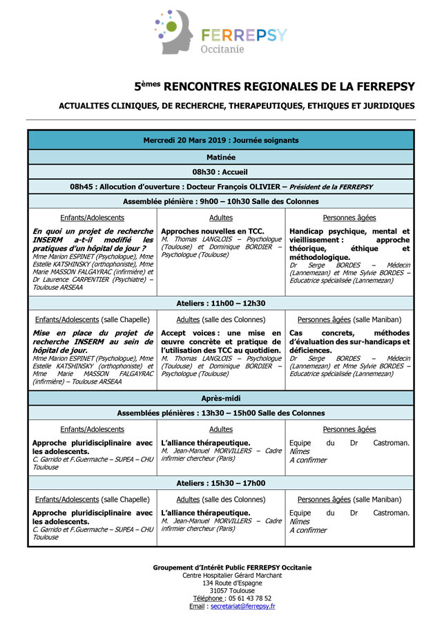5e Rencontres régionales de la Ferrepsy (programme) | © FERREPSY Occitanie 5e Rencontres régionales de la Ferrepsy (programme) | © FERREPSY Occitanie
