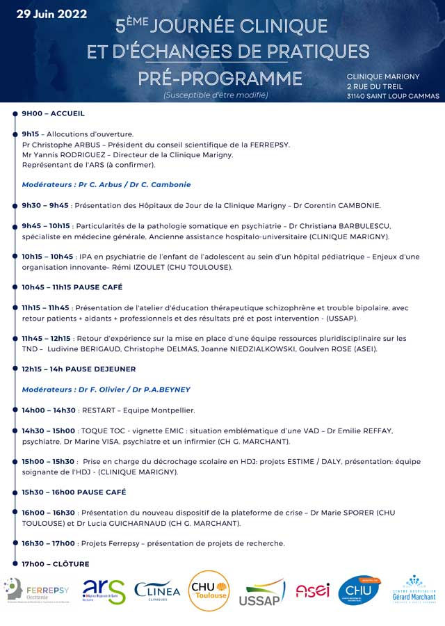 5e Journée clinique et d'échanges de pratiques 2022 (programme) | © FERREPSY Occitanie 5e Journée clinique et d'échanges de pratiques 2022 (programme) | © FERREPSY Occitanie