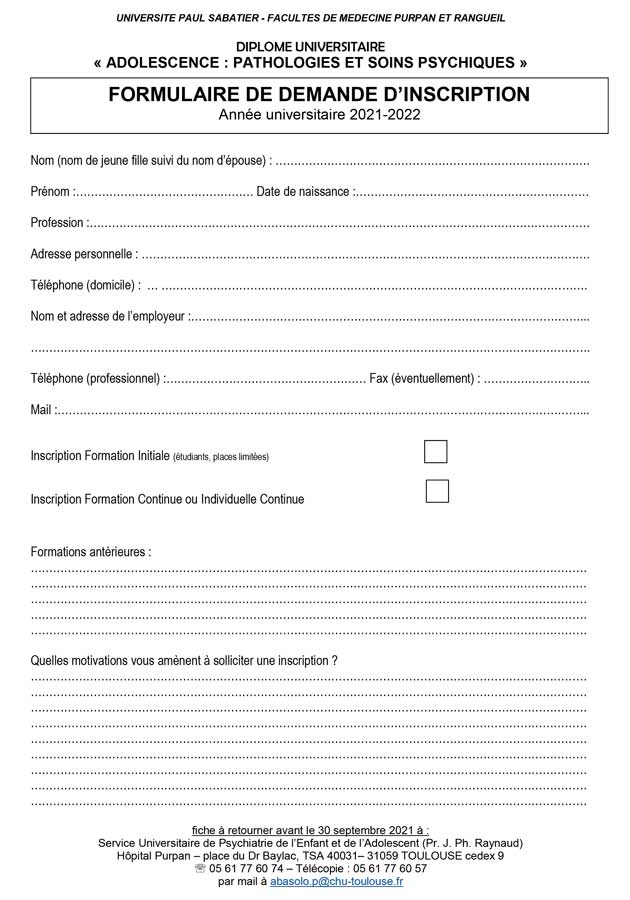 D.U. Adolescence : pathologies et soins psychiques (formulaire d'inscription) | © FERREPSY Occitanie D.U. Adolescence : pathologies et soins psychiques (formulaire d'inscription) | © FERREPSY Occitanie