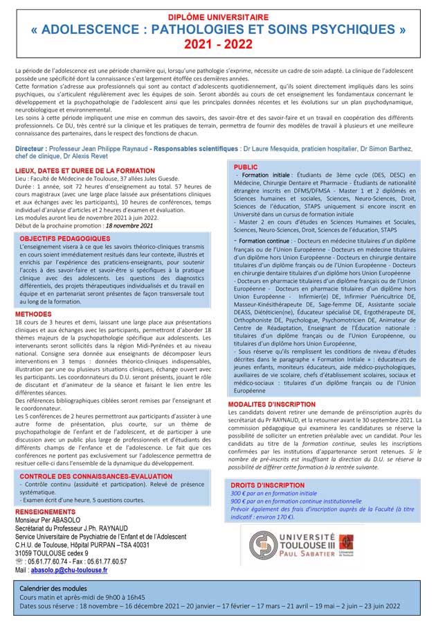 D.U. Adolescence : pathologies et soins psychiques (plaquette d'information) | © FERREPSY Occitanie D.U. Adolescence : pathologies et soins psychiques (plaquette d'information) | © FERREPSY Occitanie