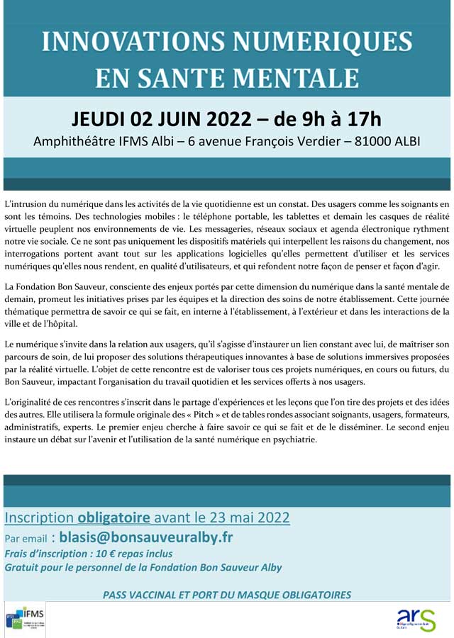 Innovations numériques en santé mentale - 2 juin 2022 (flyer) | © FERREPSY Occitanie Innovations numériques en santé mentale - 2 juin 2022 (flyer) | © FERREPSY Occitanie