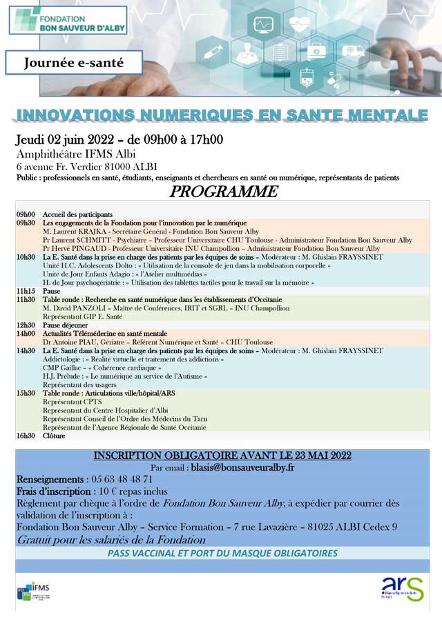 Innovations numériques en santé mentale - 2 juin 2022 (programme) | © FERREPSY Occitanie Innovations numériques en santé mentale - 2 juin 2022 (programme) | © FERREPSY Occitanie