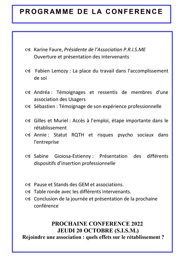 Emploi : insertion et maintien, comment et pour qui ? - Conférence P.R.I.S.ME du 23 juin 2022 (programme) Emploi : insertion et maintien, comment et pour qui ? - Conférence P.R.I.S.ME du 23 juin 2022 (programme)
