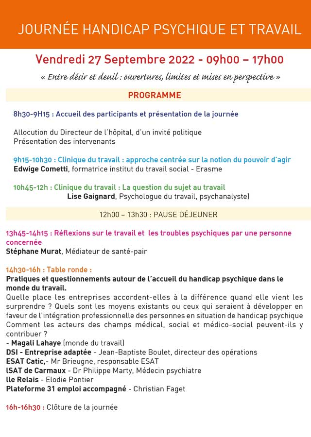 Journée handicap psychique et travail (2022) - Programme | © FERREPSY Occitanie Journée handicap psychique et travail (2022) - Programme | © FERREPSY Occitanie