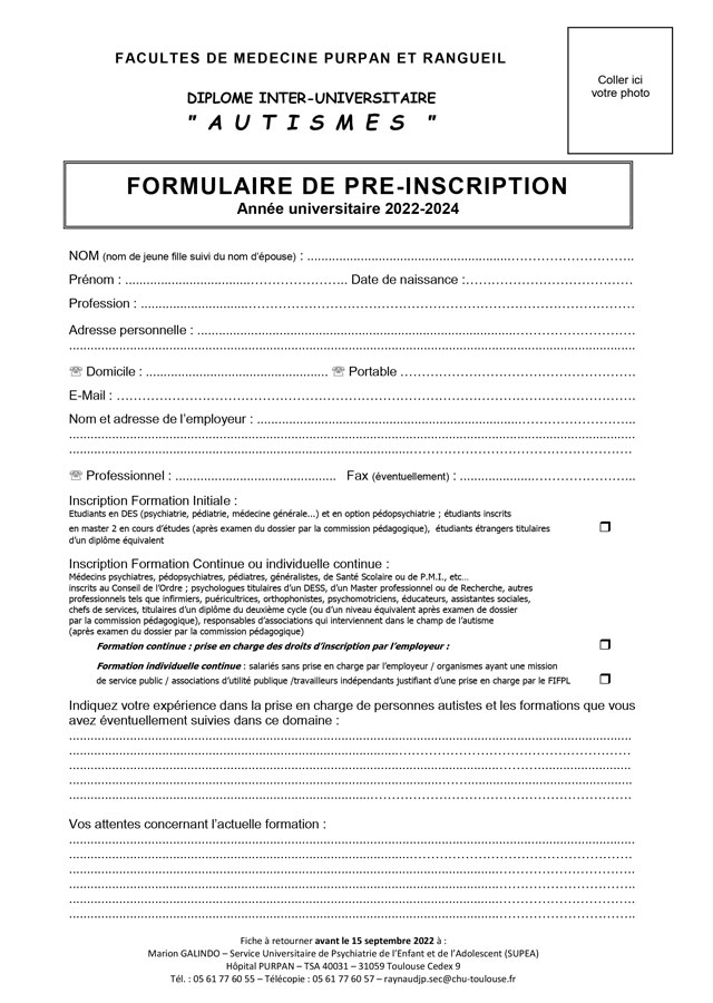 DIU Autisme (formulaire d'inscription) DIU Autisme (formulaire d'inscription)
