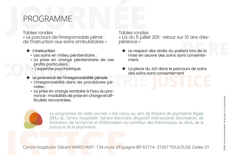 Journée de rencontre psychiatrie-justice, 15 novembre 2022 (programme) Journée de rencontre psychiatrie-justice, 15 novembre 2022 (programme)