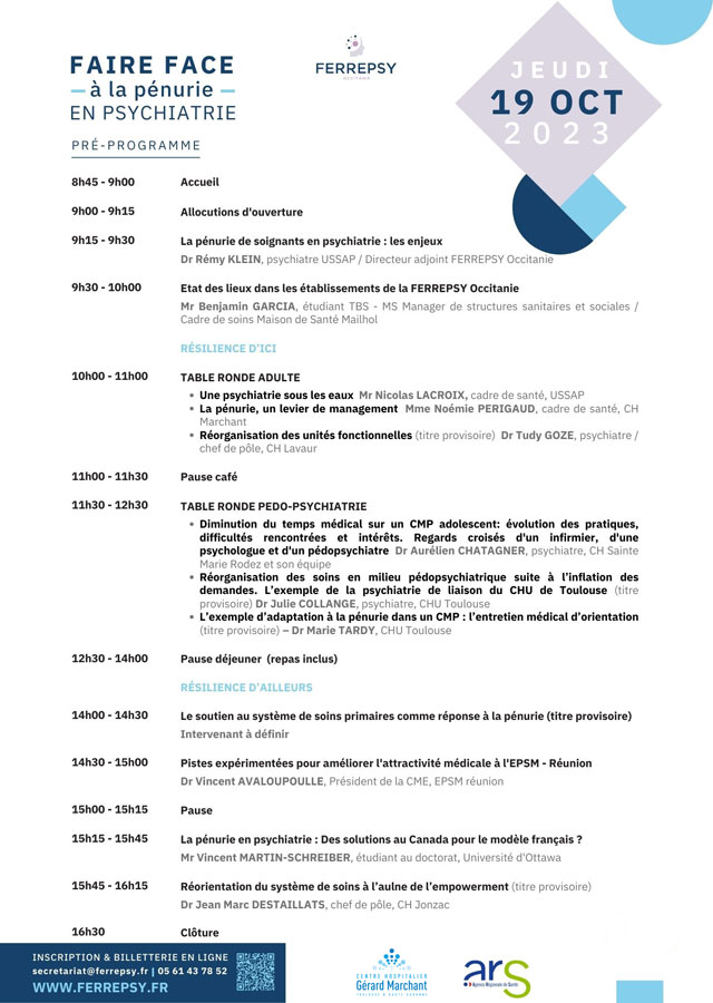 Faire face à la pénurie en psychiatrie - octobre 2023 (programme) | © FERREPSY Occitanie