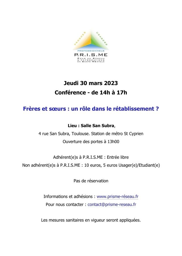 Conférence PRISME : Frères et sœurs : un rôle dans le rétablissement ? (affiche)
