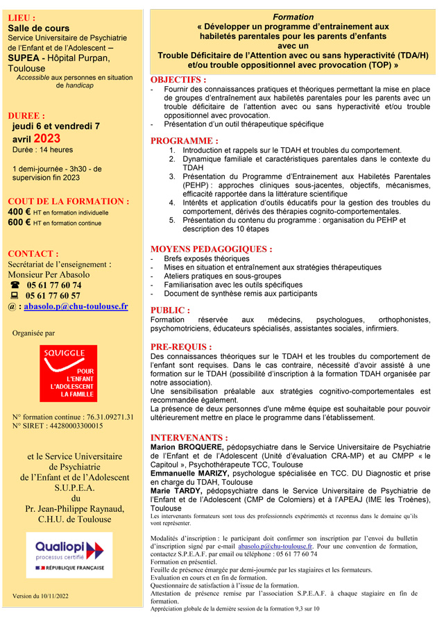 Programme d’entraînement aux habiletés parentales (TDA/H et TOP) - Programme Programme d’entraînement aux habiletés parentales (TDA/H et TOP) - Programme