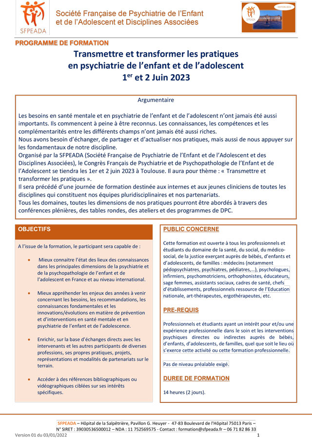 Congrès français de psychiatrie et de psychopathologie de l’enfant et de l’adolescent (Programme) Congrès français de psychiatrie et de psychopathologie de l’enfant et de l’adolescent (Programme)