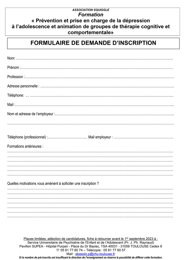 Formation "Prévention et prise en charge de la dépression à l’adolescence" - Formulaire d'inscription Formation "Prévention et prise en charge de la dépression à l’adolescence" - Formulaire d'inscription