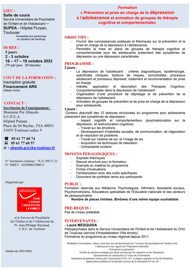 Formation "Prévention et prise en charge de la dépression à l’adolescence" - Programme Formation "Prévention et prise en charge de la dépression à l’adolescence" - Programme