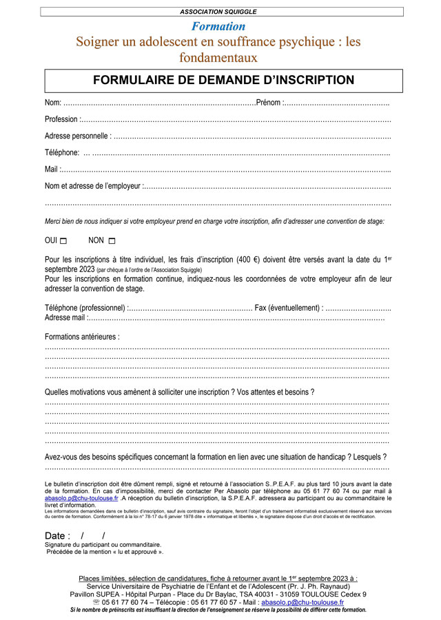 Formation "Soigner un adolescent en souffrance psychique : les fondamentaux" - Formulaire d'inscription Formation "Soigner un adolescent en souffrance psychique : les fondamentaux" - Formulaire d'inscription