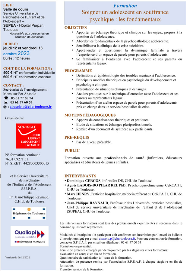 Formation "Soigner un adolescent en souffrance psychique : les fondamentaux" - Programme Formation "Soigner un adolescent en souffrance psychique : les fondamentaux" - Programme
