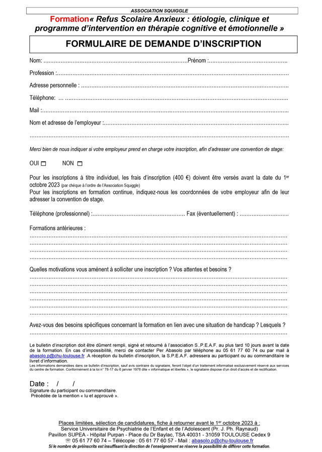 Formation "Refus scolaire anxieux" - Formulaire d'inscription Formation "Refus scolaire anxieux" - Formulaire d'inscription