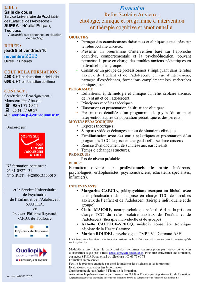 Formation "Refus scolaire anxieux" - Programme Formation "Refus scolaire anxieux" - Programme