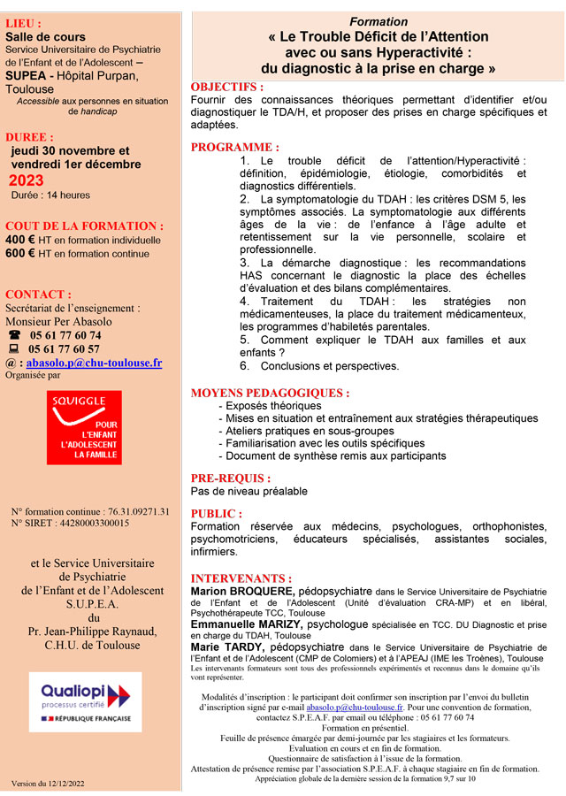 Formation "Le Trouble Déficit de l’Attention avec ou sans Hyperactivité" - Programme Formation "Le Trouble Déficit de l’Attention avec ou sans Hyperactivité" - Programme