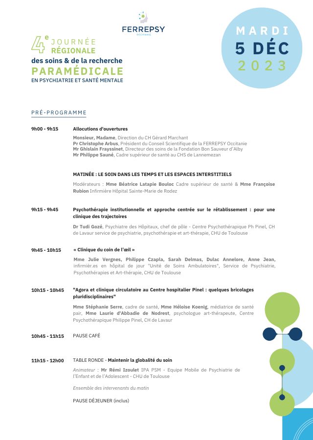 4e Journée régionale des soins et de la recherche paramédicale - décembre 2023 (pré-programme_vignette) | © FERREPSY Occitanie
