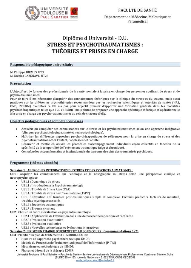 D.U. Stress et Psychotraumatismes : théories et prises en charge (2023) D.U. Stress et Psychotraumatismes : théories et prises en charge (2023)