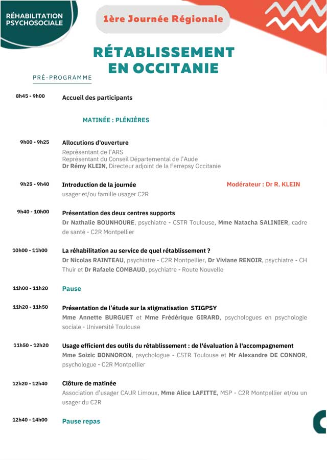 1re Journée régionale - Rétablissement en Occitanie - 10 novembre 2023 (programme) | © FERREPSY Occitanie