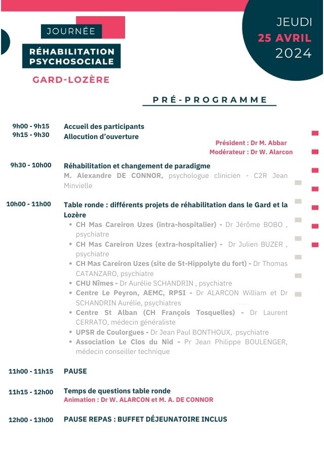 Journée Réhabilitation psychosociale - Gard-Lozère - 2024 (pré-programme) | © FERREPSY Occitanie Journée Réhabilitation psychosociale - Gard-Lozère - 2024 (pré-programme) | © FERREPSY Occitanie