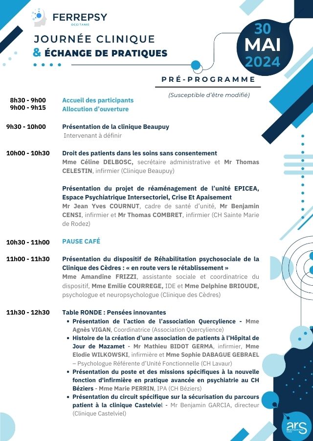 7e Journée clinique et d'échanges de pratiques, Clinique Beaupuy - mai 2024 (préprogramme-vignette) | © FERREPSY Occitanie 7e Journée clinique et d'échanges de pratiques, Clinique Beaupuy - mai 2024 (préprogramme-vignette) | © FERREPSY Occitanie