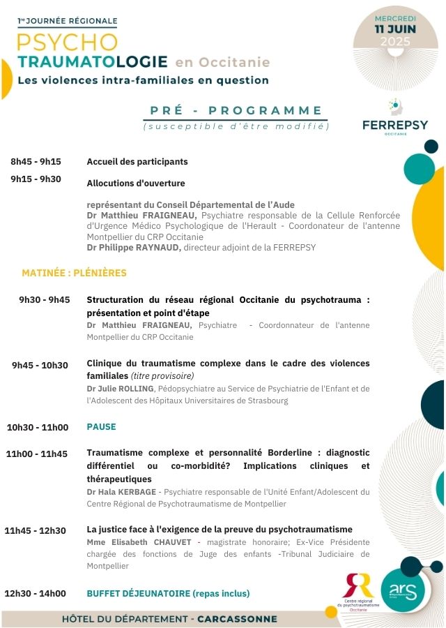 1re Journée régionale de psycho-traumatologie en Occitanie (11 juin 2025) -vignette preprogramme | © FERREPSY Occitanie 1re Journée régionale de psycho-traumatologie en Occitanie (11 juin 2025) -vignette preprogramme | © FERREPSY Occitanie