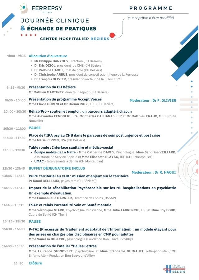 8e Journée clinique et d'échanges de pratiques - Centre hospitalier de Béziers (19 juin 2025) - Programme vignette | © FERREPSY Occitanie