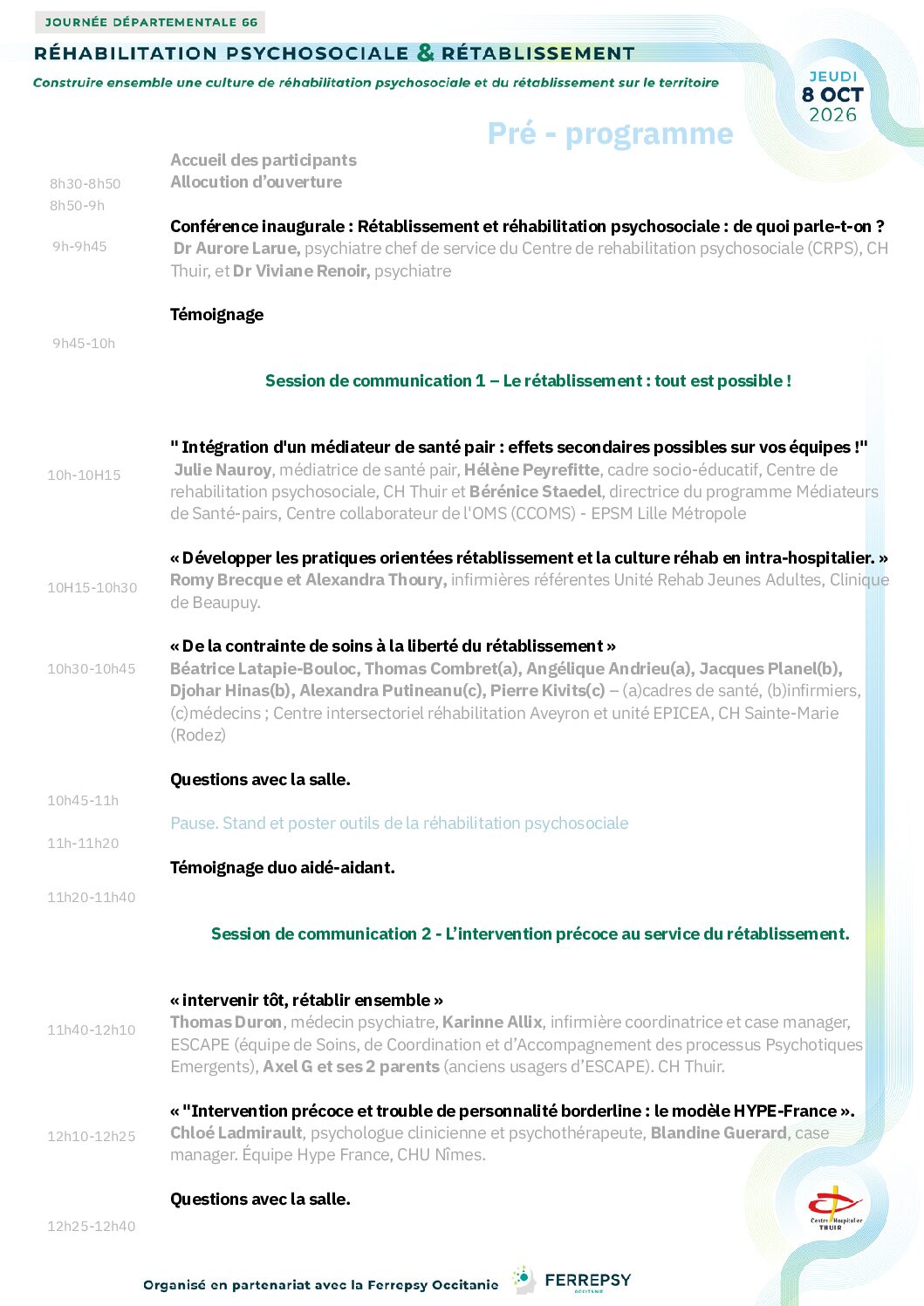 Journée départementale 66 - Réhabilitation psychosociale et rétablissement - 8 octobre 2026 (programme) | © FERREPSY Occitanie