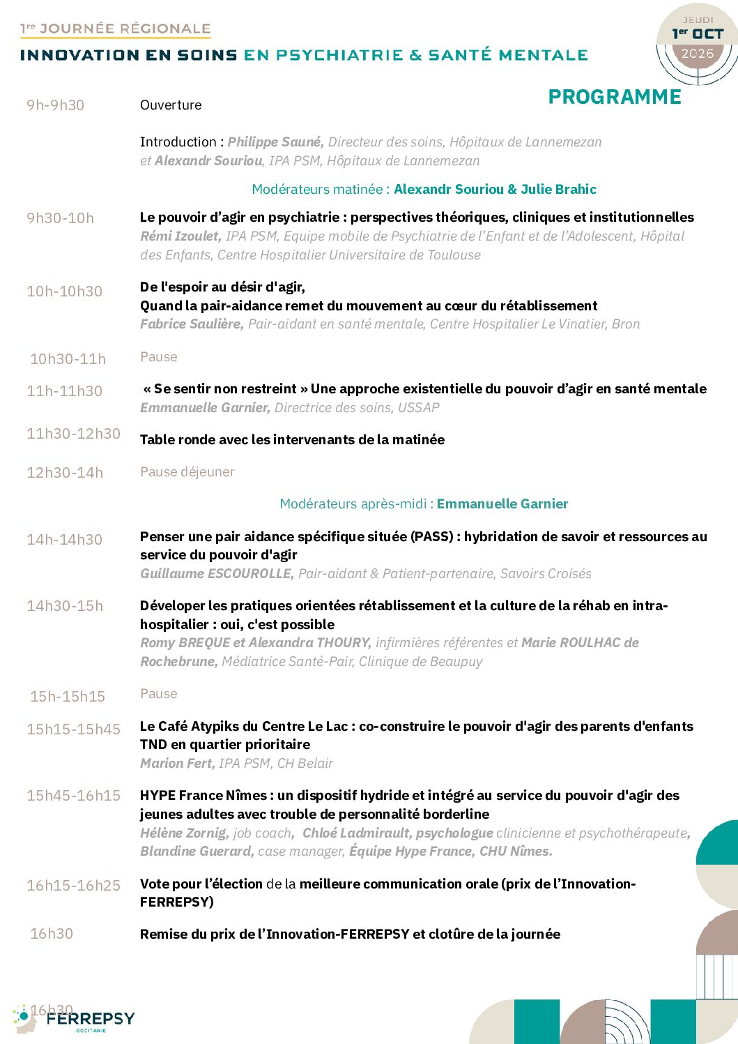 1re journée régionale - Innovation en soins en psychiatrie et santé mentale - 1er octobre 2026 (programme) | © FERREPSY Occitanie