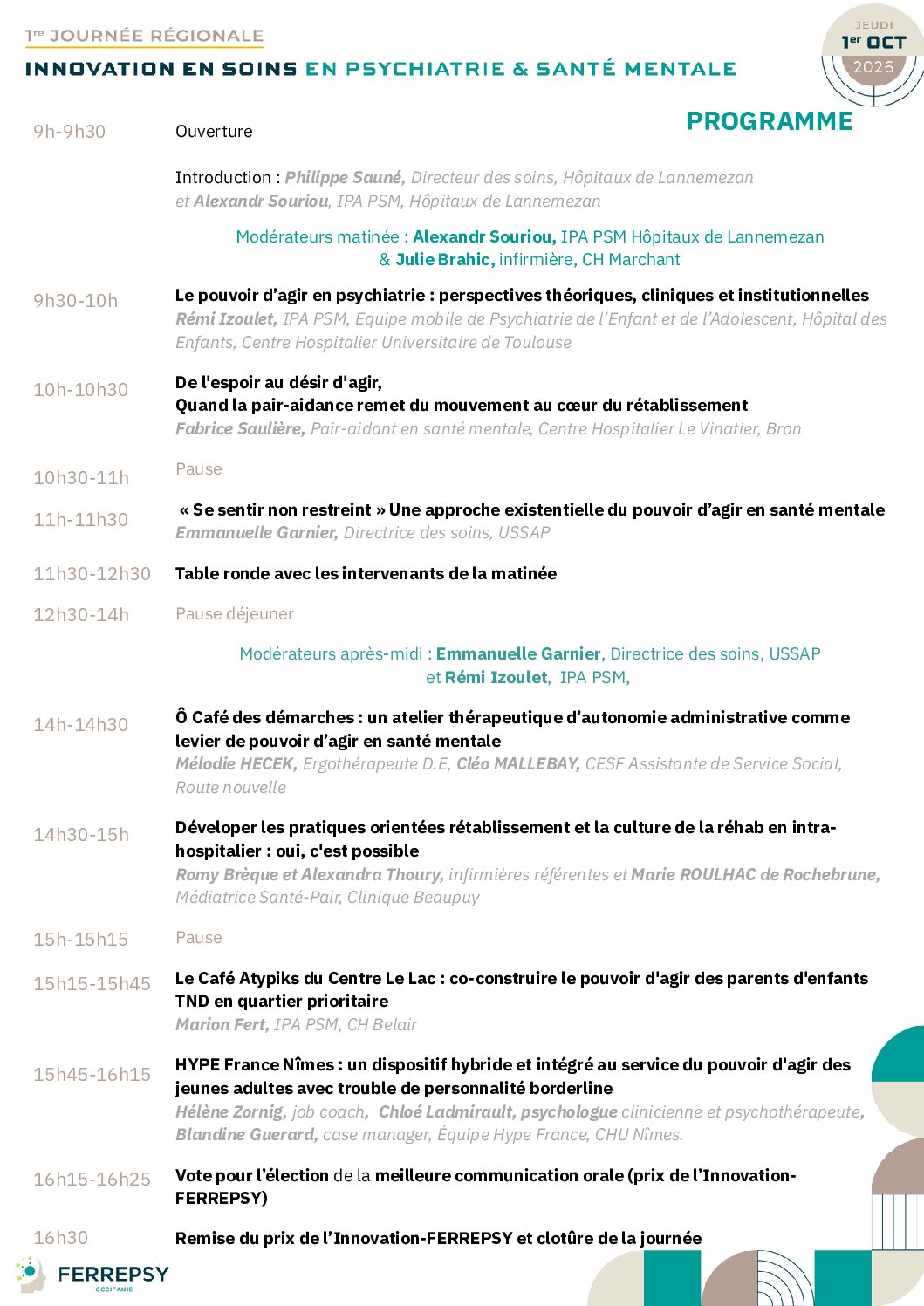 1re journée régionale - Innovation en soins en psychiatrie et santé mentale - 1er octobre 2026 (programme) | © FERREPSY Occitanie