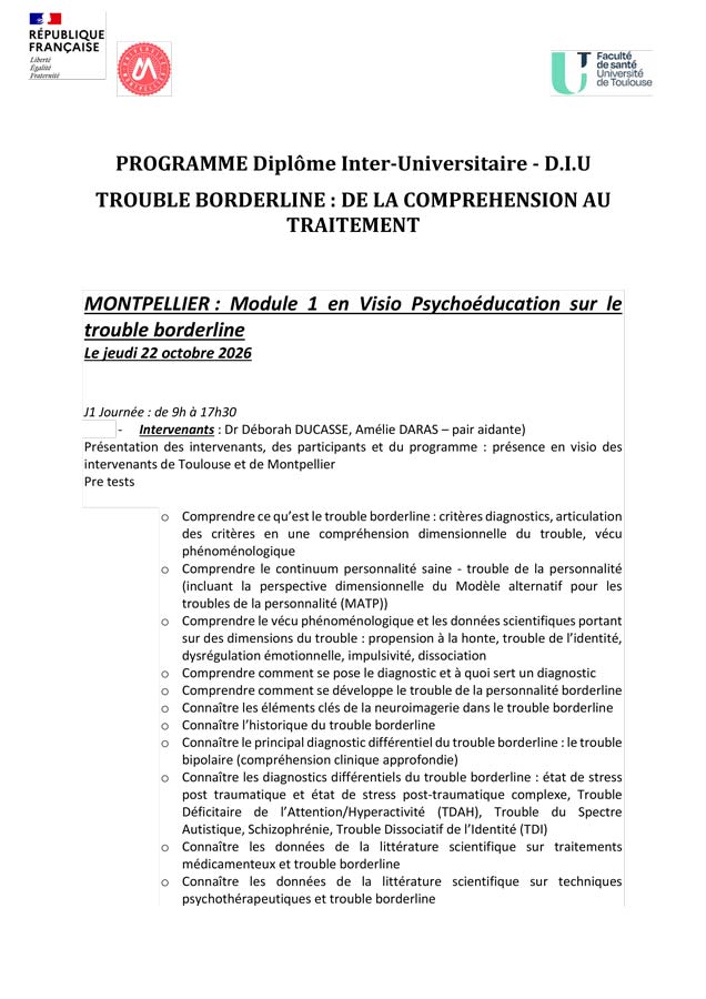 D.I.U. Trouble borderline : de la compréhension au traitement (2026-2027) - Programme D.I.U. Trouble borderline : de la compréhension au traitement (2026-2027) - Programme