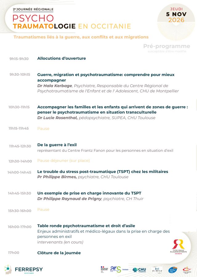 2e Journée régionale de psycho-traumatologie en Occitanie - 5 novembre 2026 (programme_vignette) | © FERREPSY Occitanie 2e Journée régionale de psycho-traumatologie en Occitanie - 5 novembre 2026 (programme_vignette) | © FERREPSY Occitanie