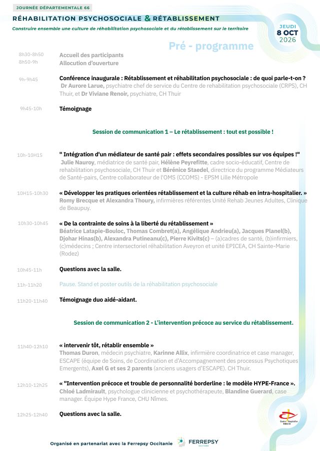 Journée départementale 66 - Réhabilitation psychosociale et rétablissement - 8 octobre 2026 (programme 640 x 900 px) | © FERREPSY Occitanie Journée départementale 66 - Réhabilitation psychosociale et rétablissement - 8 octobre 2026 (programme 640 x 900 px) | © FERREPSY Occitanie